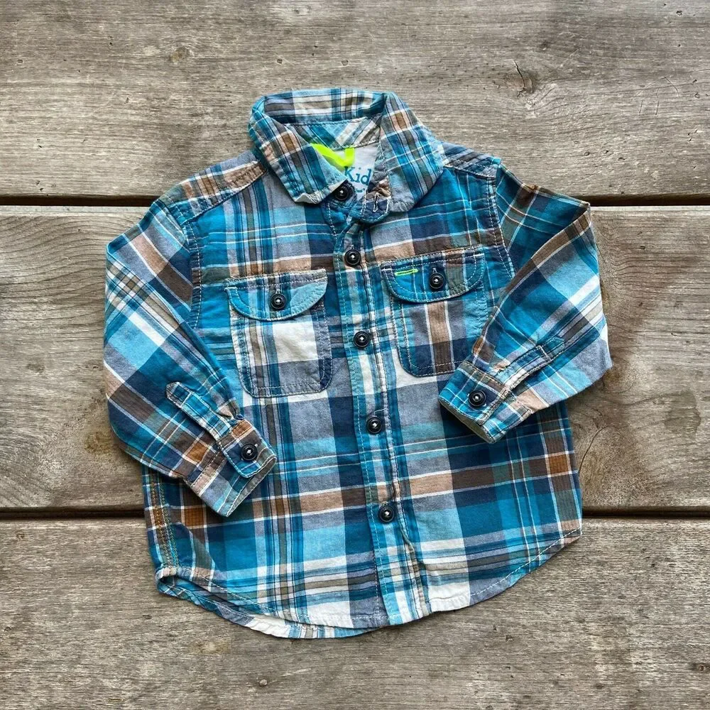 Genuine Kids‎ Boys Shirt Size 18 Months Blue Brown Plaid Button Up Pockets
